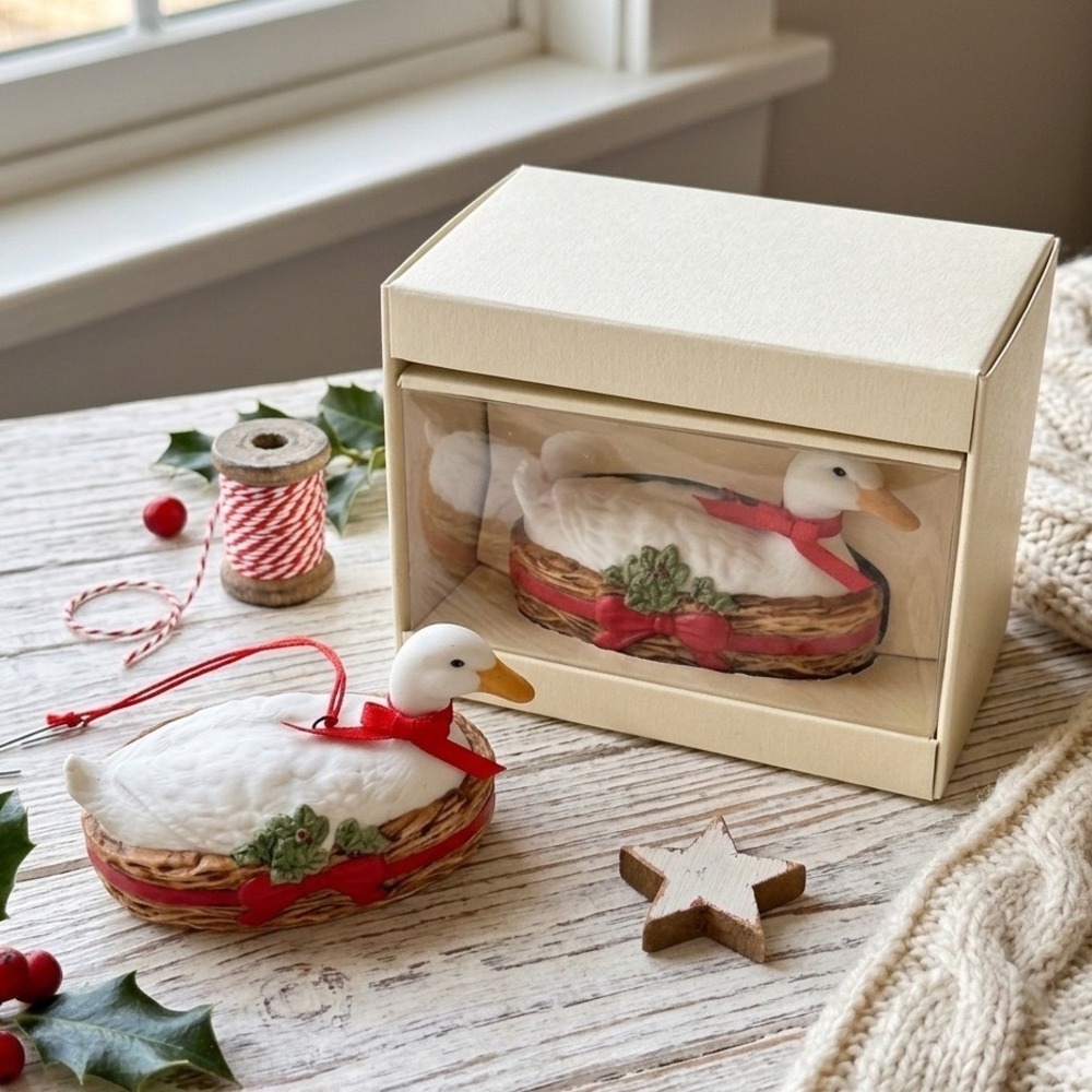 Schmid Gordon Fraser 1985 Set-2 Vintage Christmas Ornament Duck in Basket White